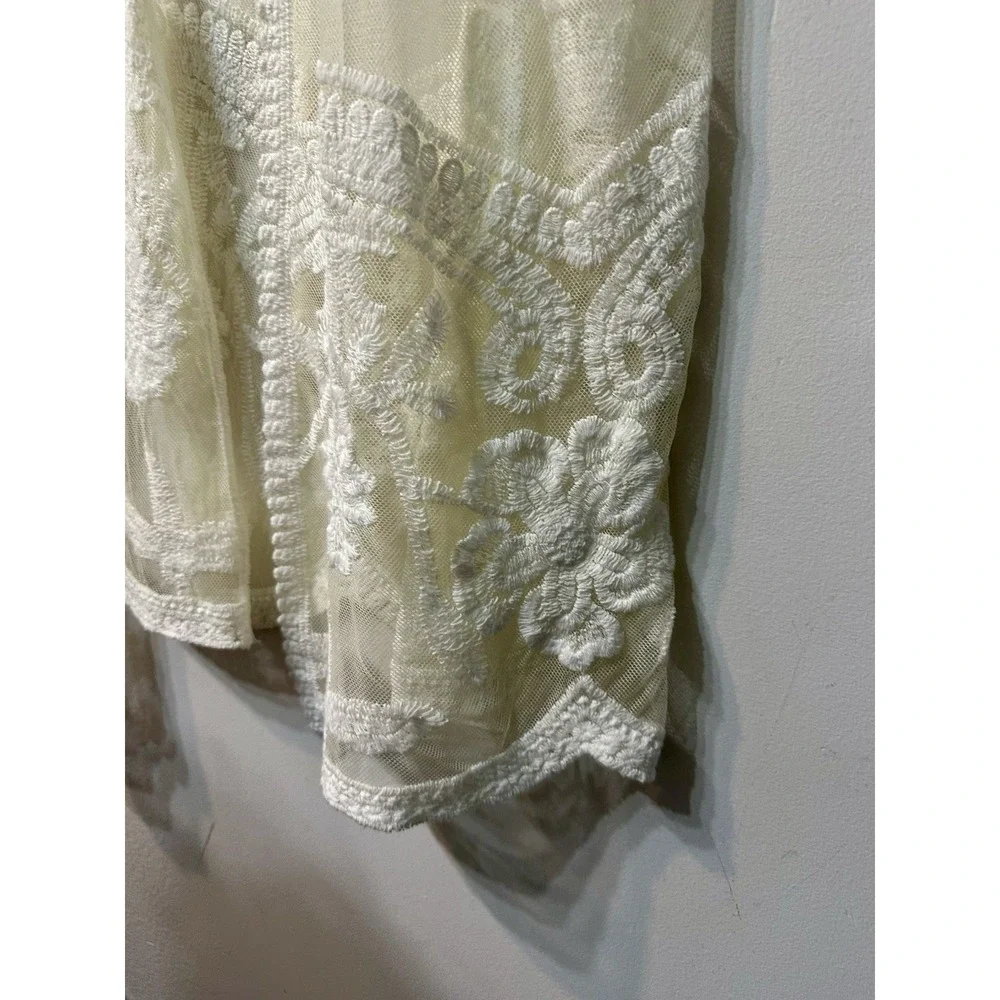 rue21 Womens Large White Lace Kimono Duster Cardigan Sheer Floral Tie Front Boho